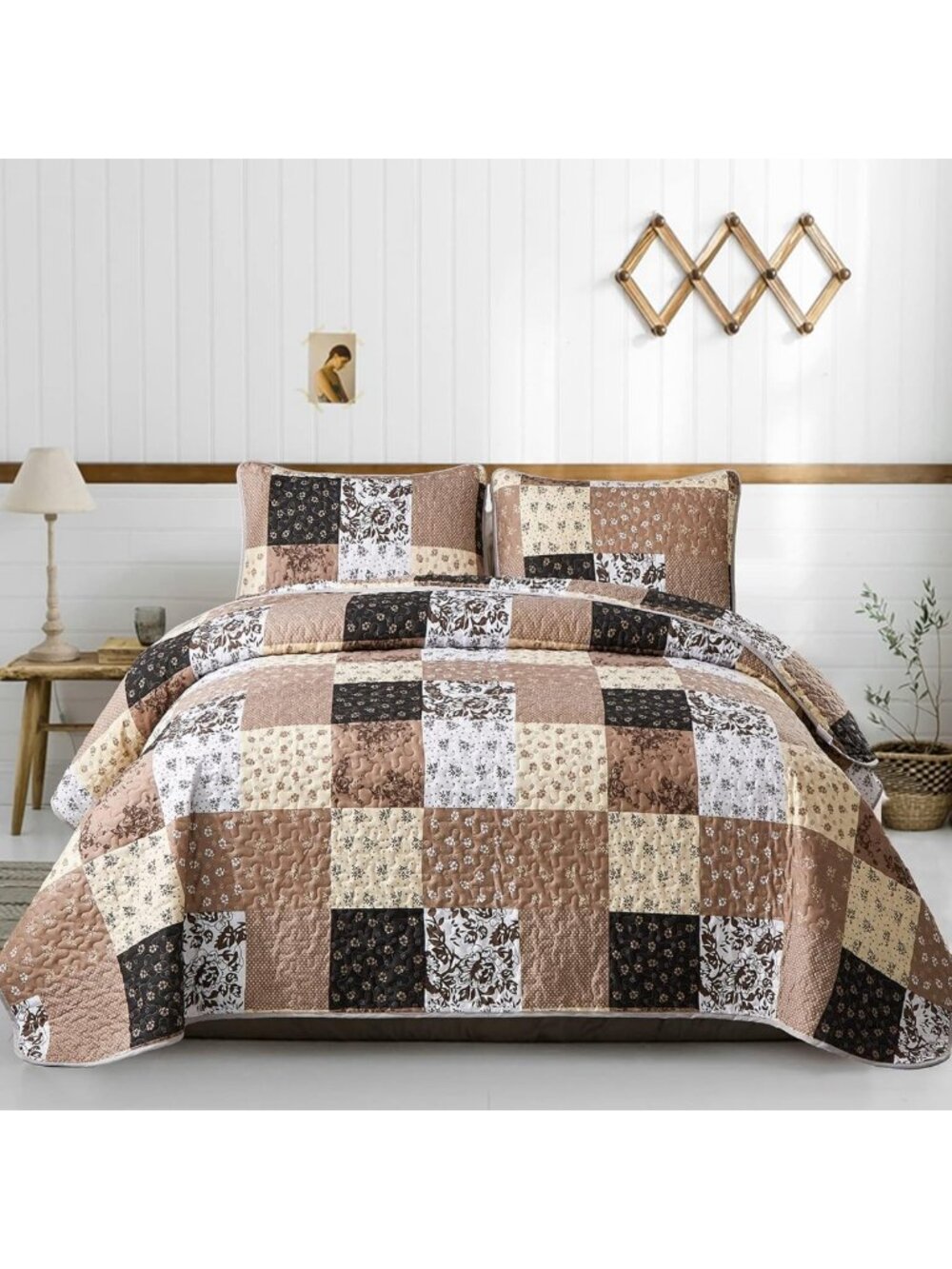Cozy Brown Twin Quilt Set - Stylish Patchwork Dorm Bedding for Ultimate Comfort